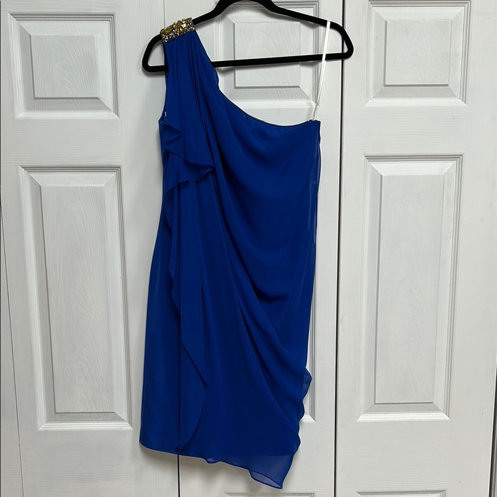 Stunning Marchesa Notte cobalt blue draped one shoulder dress